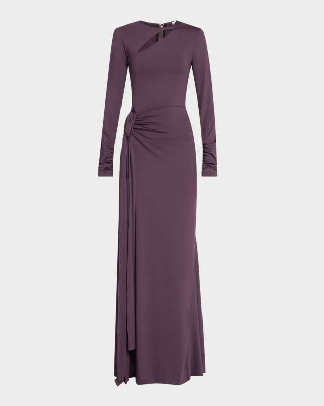 Long Sleeve Cutout Tie Front Gown